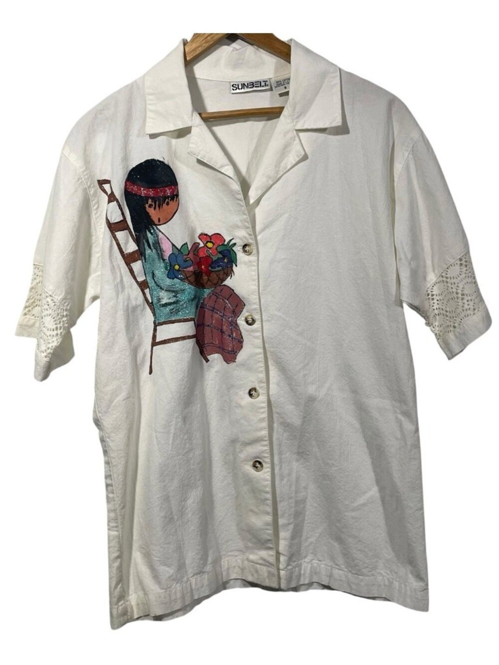 Vtg Sunbelt Sz S Button Up Shirt Hand Painted Native American Girl Art to Wear